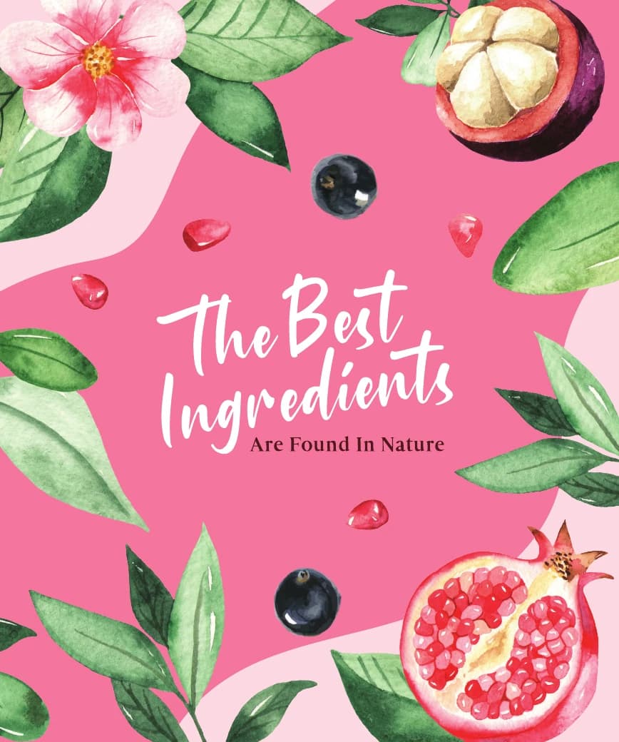 Illustrated fruit and leaves gather around a white message on a pink field.