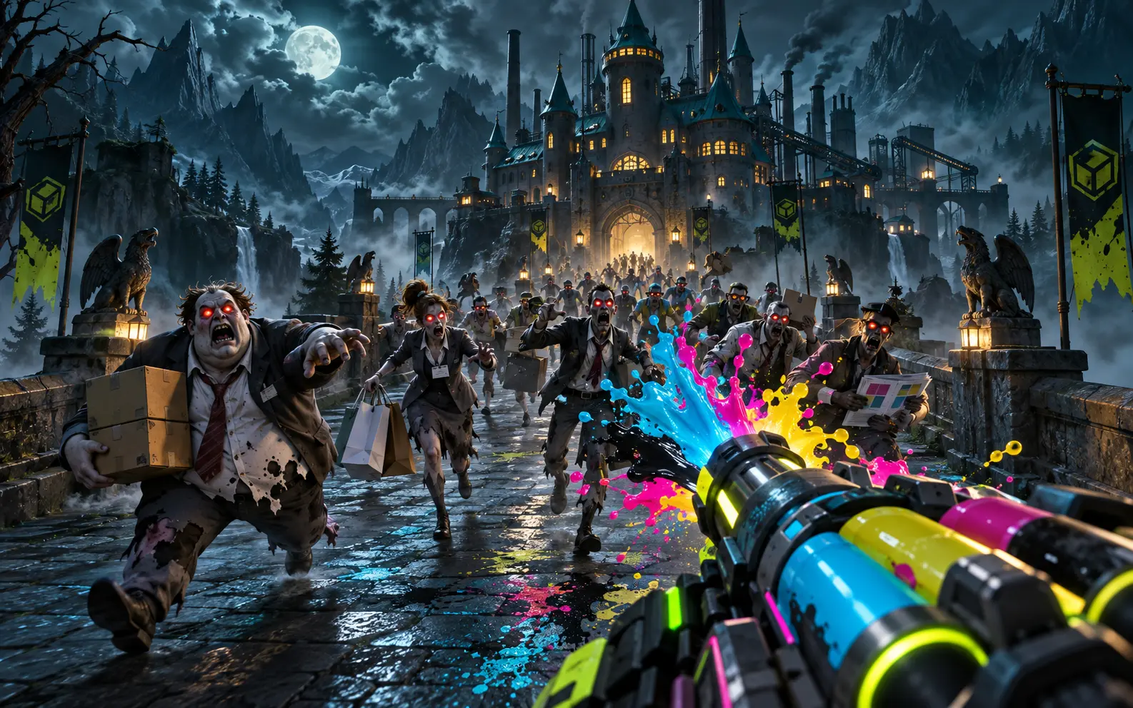 Ink Siege first-person CMYK zombie castle defense game