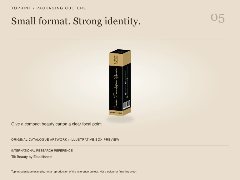 Study 5: Small format. Strong identity. Illustrated with Toprint catalogue artwork.