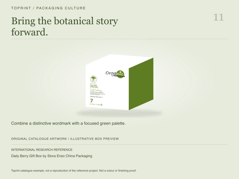 Study 11: Bring the botanical story forward. Illustrated with Toprint catalogue artwork.