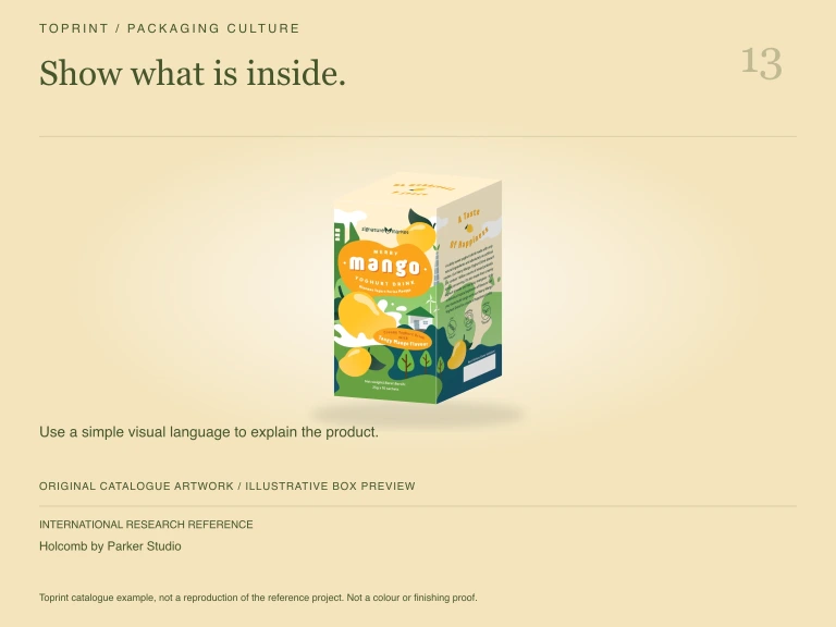 Study 13: Show what is inside. Illustrated with Toprint catalogue artwork.