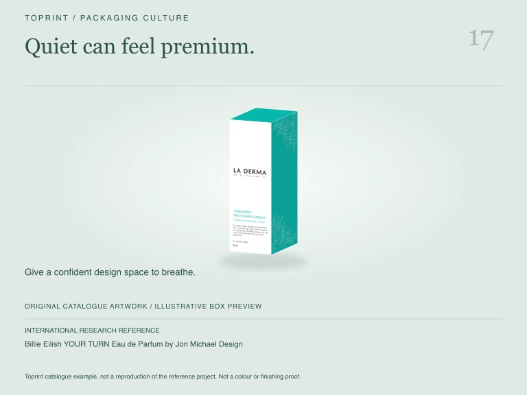Study 17: Quiet can feel premium. Illustrated with Toprint catalogue artwork.