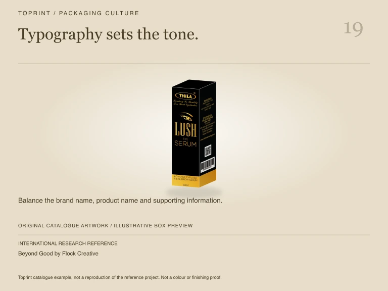 Study 19: Typography sets the tone. Illustrated with Toprint catalogue artwork.
