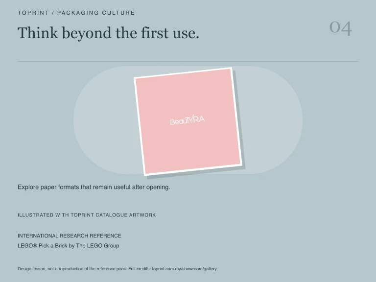 Study 4: Think beyond the first use. Illustrated with Toprint catalogue artwork.